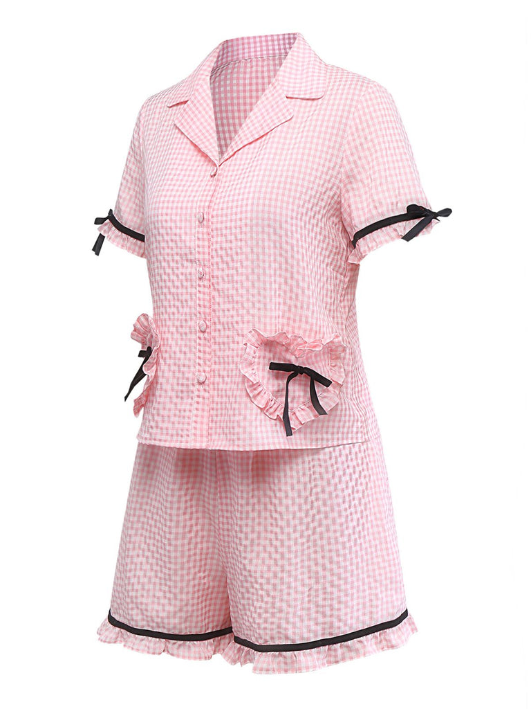 [Pre-Sale] Pink 1950s Heart Ruffled Gingham Bow Ribbons Pajama Set