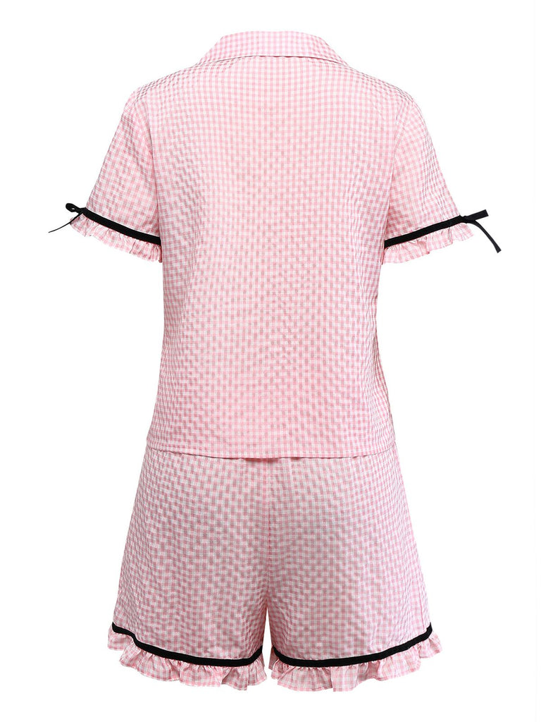 [Pre-Sale] Pink 1950s Heart Ruffled Gingham Bow Ribbons Pajama Set
