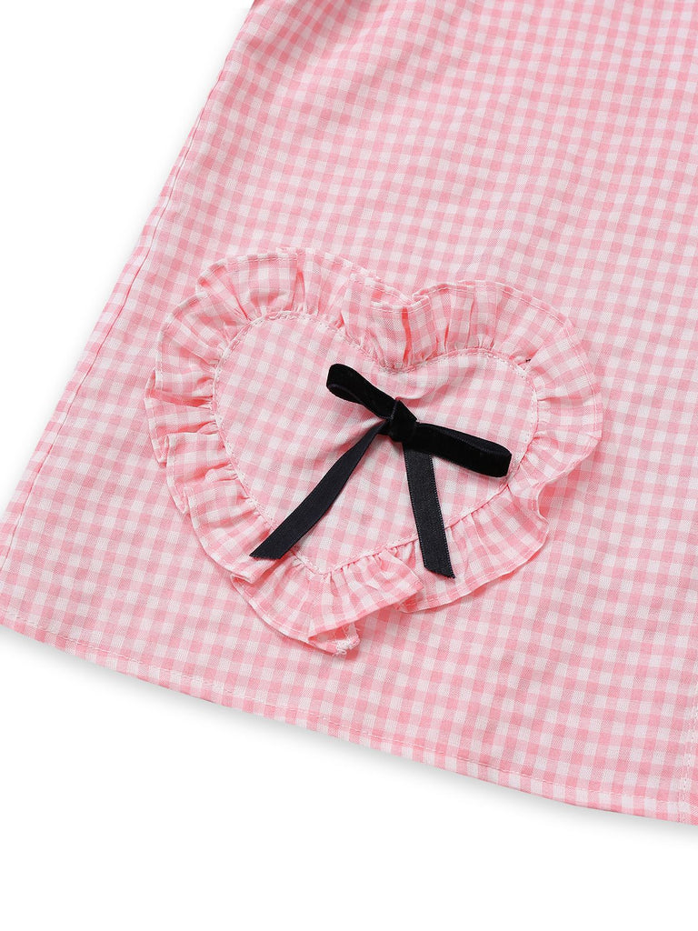 [Pre-Sale] Pink 1950s Heart Ruffled Gingham Bow Ribbons Pajama Set