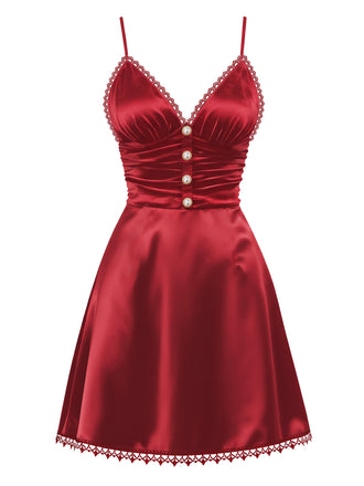 [Pre-Sale] Burgundy 1960s Lace Pearl Satin Strap Sleepwear