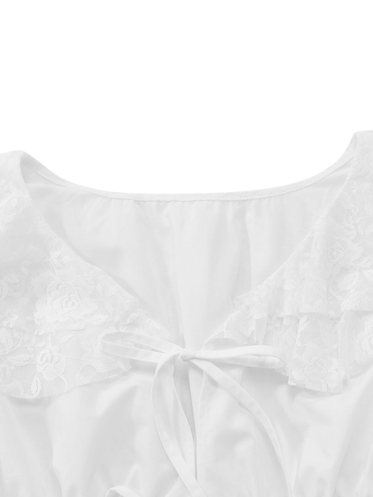 [Pre-Sale] White 1960s Victoria Lace-Up Puff-Sleeve Maxi Nightgown