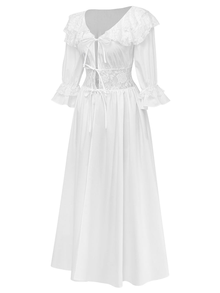 [Pre-Sale] White 1960s Victoria Lace-Up Puff-Sleeve Maxi Nightgown