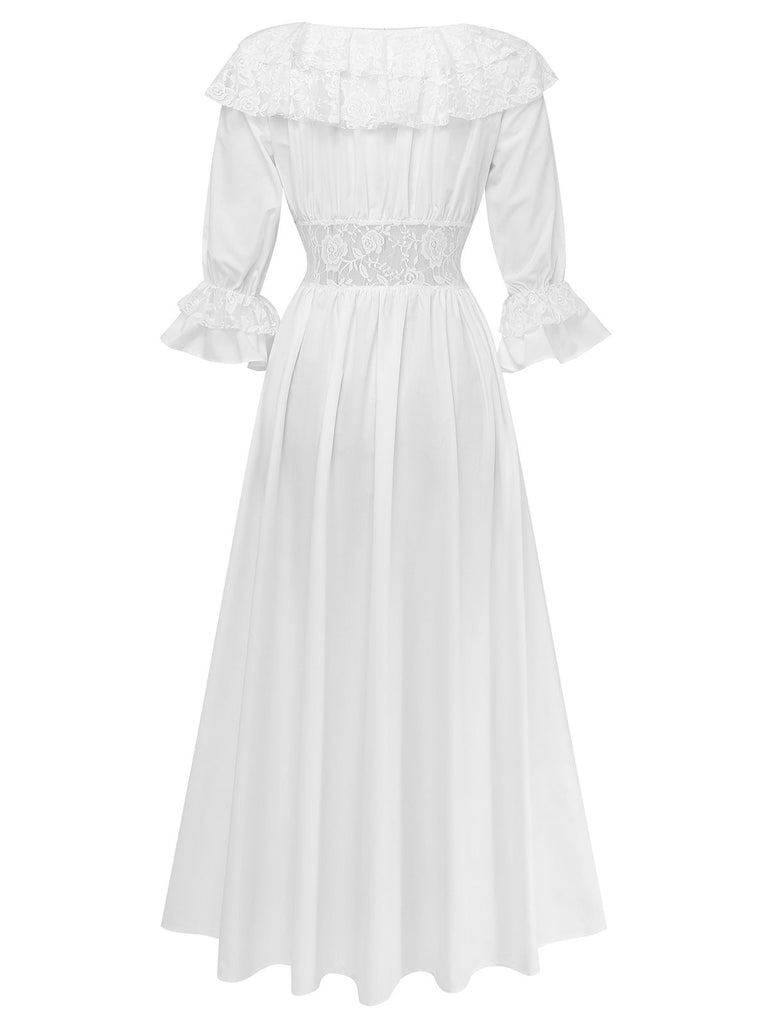 [Pre-Sale] White 1960s Victoria Lace-Up Puff-Sleeve Maxi Nightgown