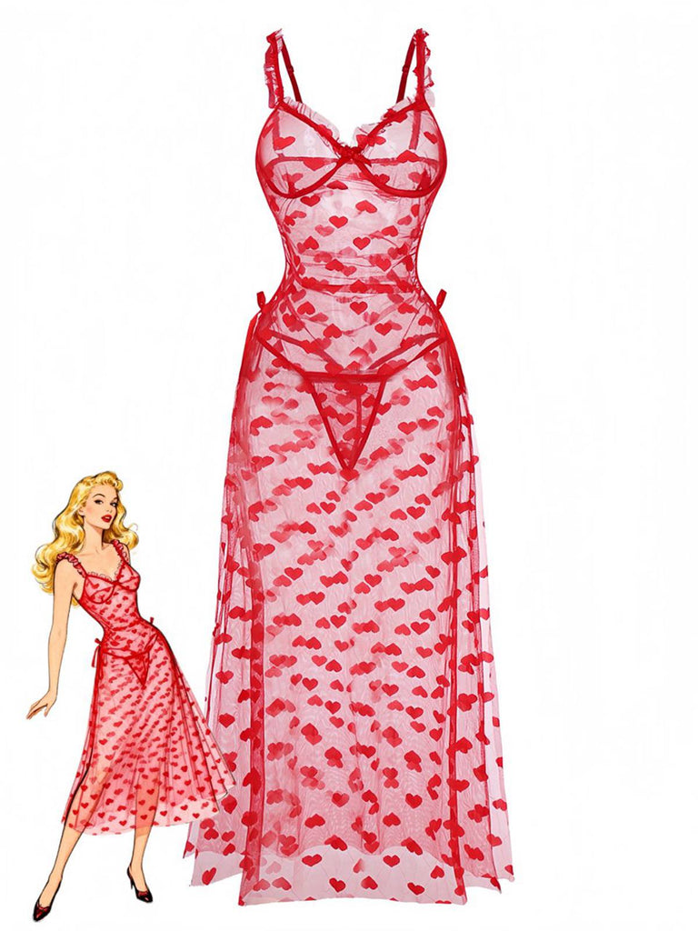 Red 1930s Heart Mesh Strap Nightdress