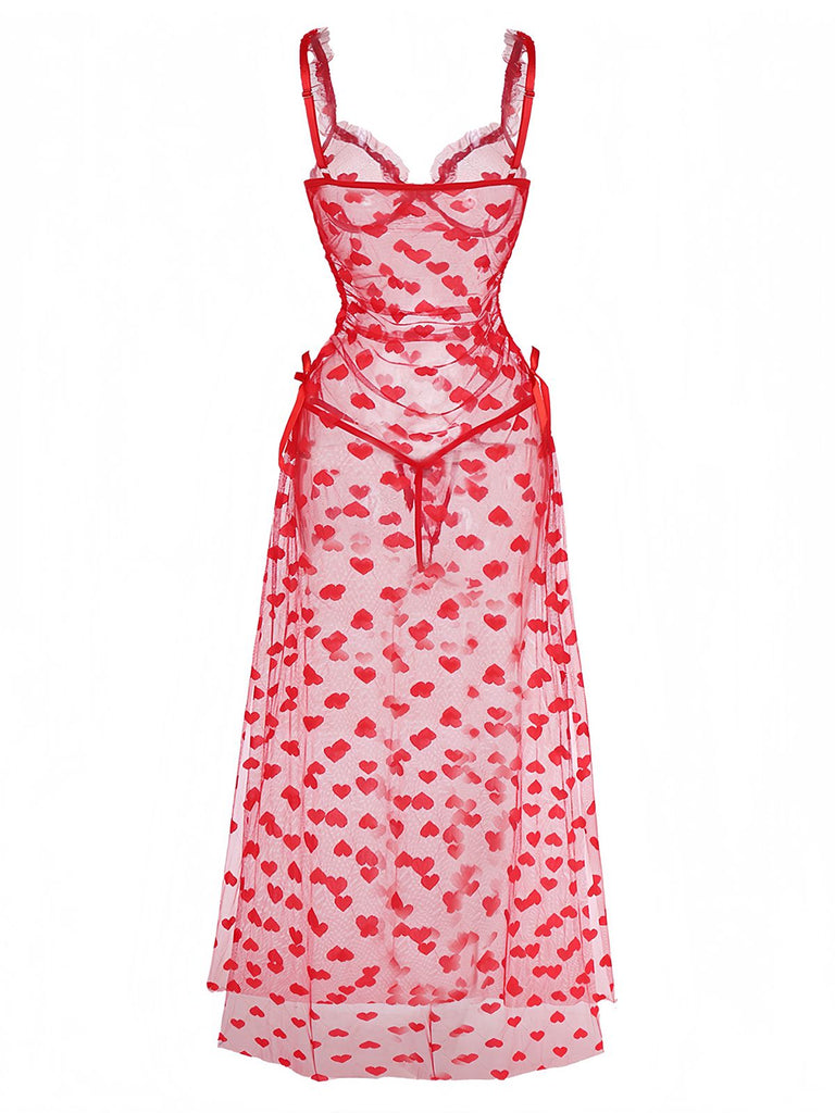 Red 1930s Heart Mesh Strap Nightdress