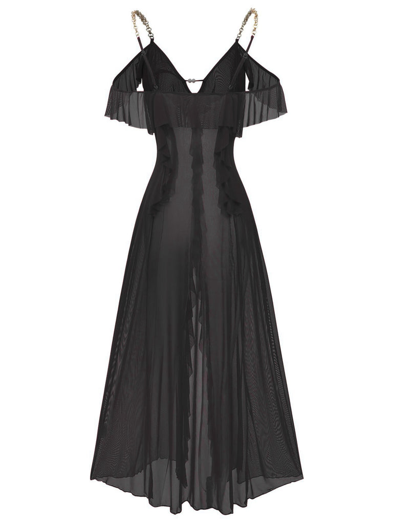 1930s Solid Mesh Ruffle Cold-Shoulder Slit Nightdress