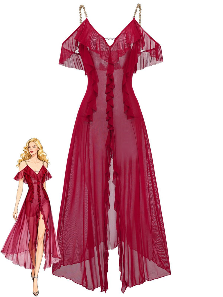 1930s Solid Mesh Ruffle Cold-Shoulder Slit Nightdress