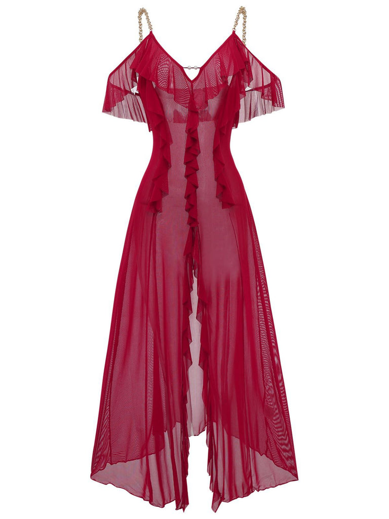 1930s Solid Mesh Ruffle Cold-Shoulder Slit Nightdress