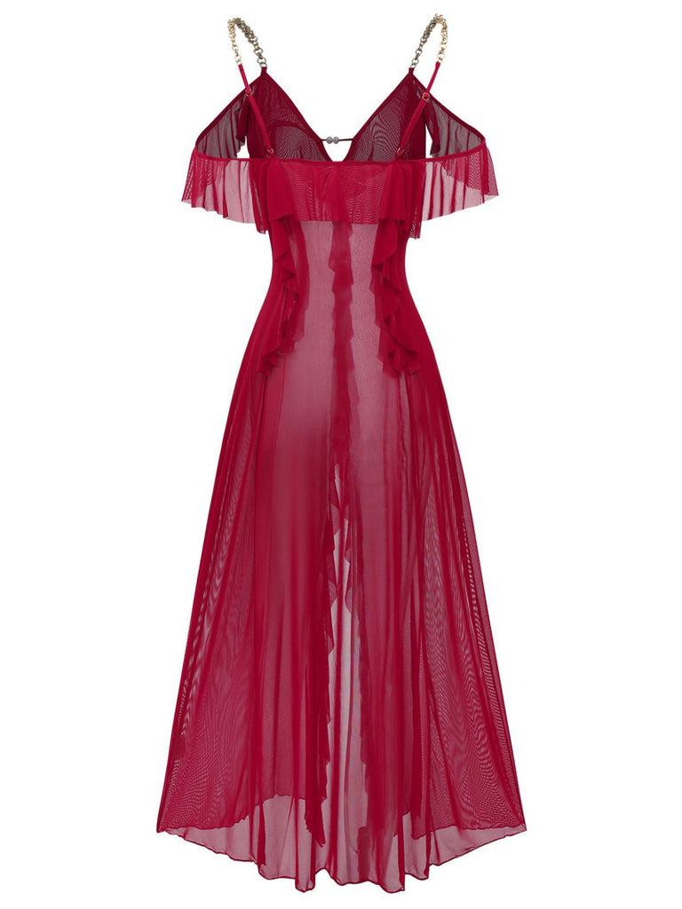 1930s Solid Mesh Ruffle Cold-Shoulder Slit Nightdress