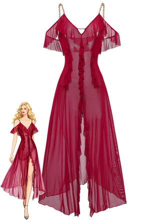 1930s Solid Mesh Ruffle Cold-Shoulder Slit Nightdress