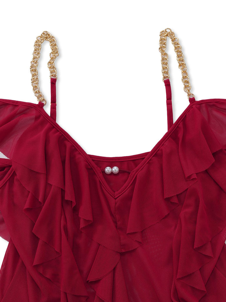 1930s Solid Mesh Ruffle Cold-Shoulder Slit Nightdress