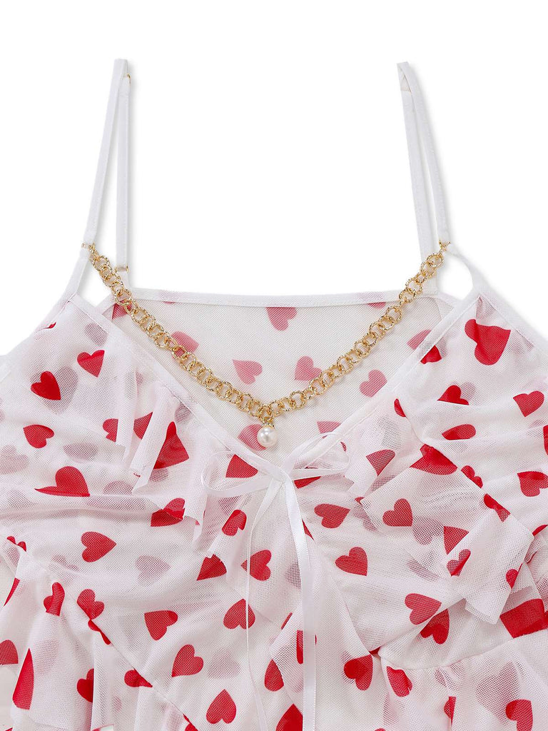 Red 1960s Heart Ruffled Mesh Slip Nightgown