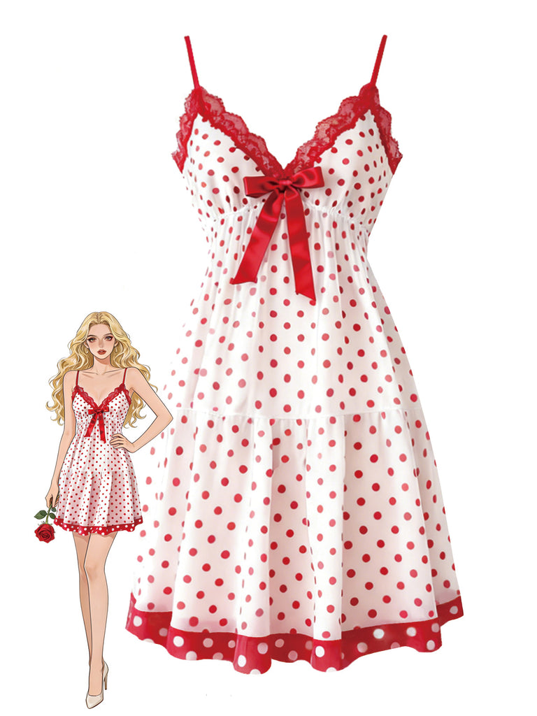 [Pre-Sale] Red 1960s Slip Polka Dot Bow Valentine Nightgown