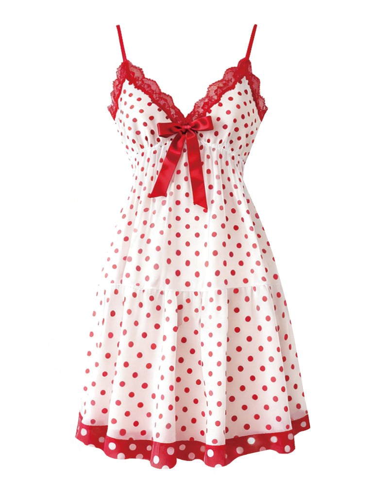 [Pre-Sale] Red 1960s Slip Polka Dot Bow Valentine Nightgown