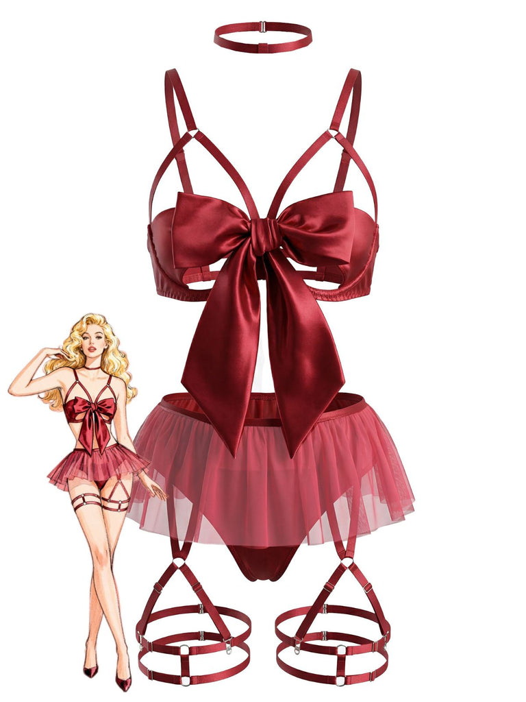 1960s Bow Mesh Patchwork Pajamas Set