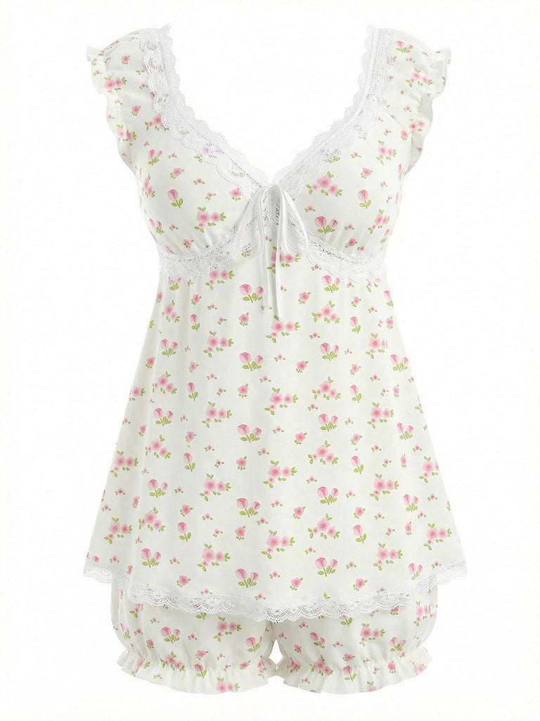 Pink 1950s Lace Floral Pajama Sets