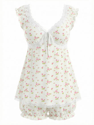 Pink 1950s Lace Floral Pajama Sets