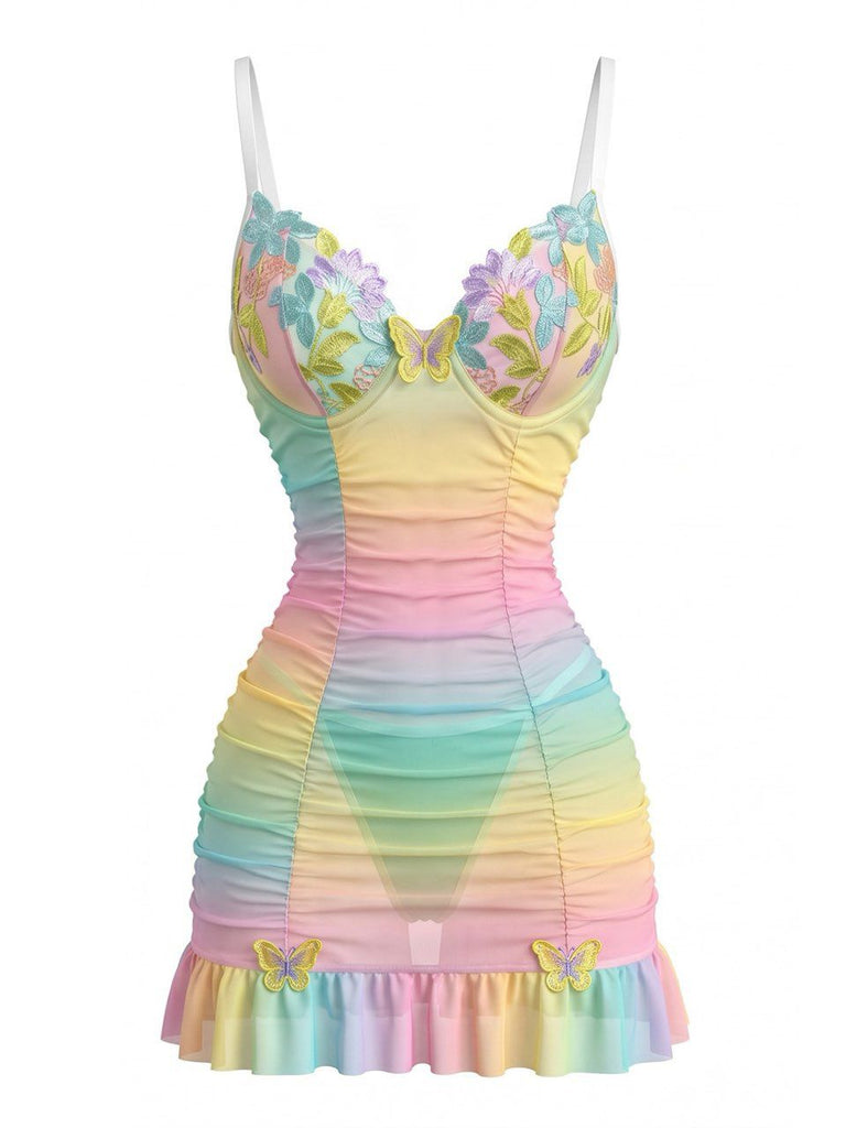 Pastel Rainbow 1960s 3D Floral Butterfly Mesh Nightdress, vintage dress, retro fashion, floral print - perfect for women who love vintage and retro fashion