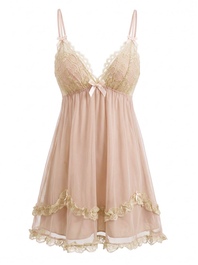 Pink 1930s Lace Trim Mesh V-Neck Slip Nightgown