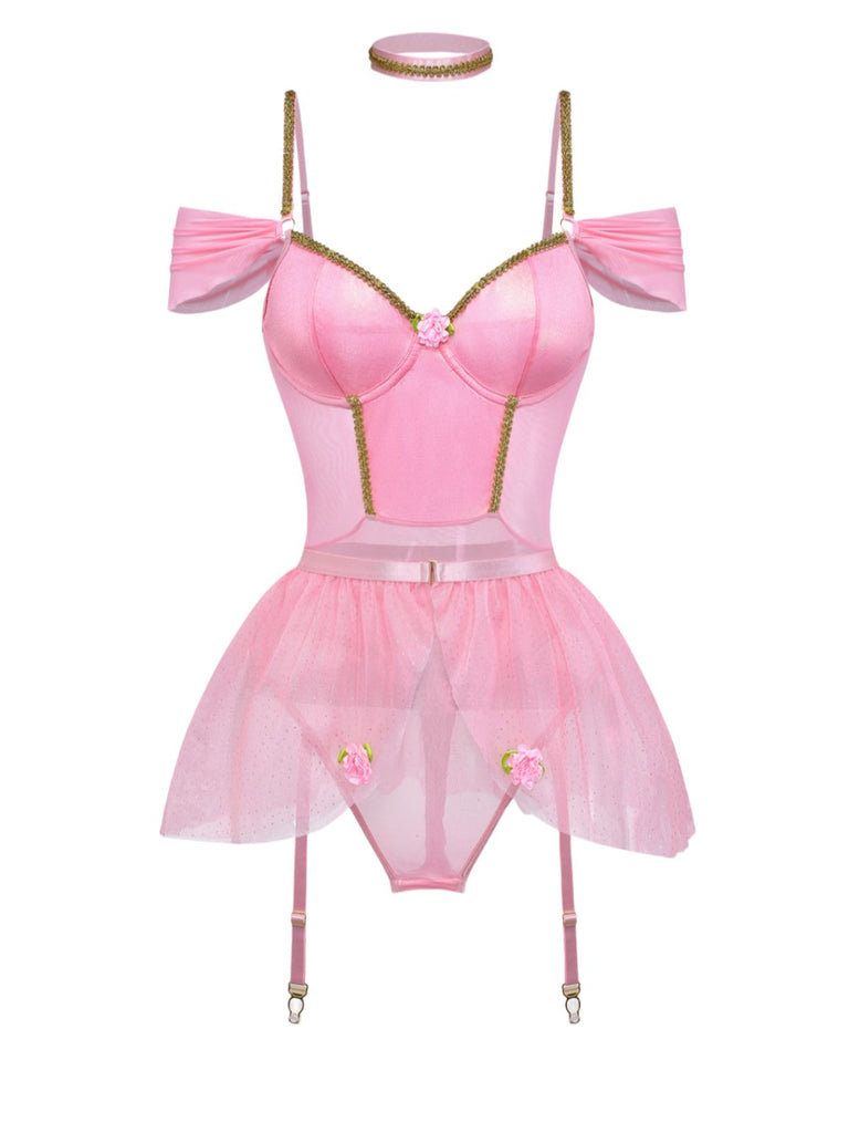 4PCS Pink 1960s Glitter Ballet Tutu Body Lingerie