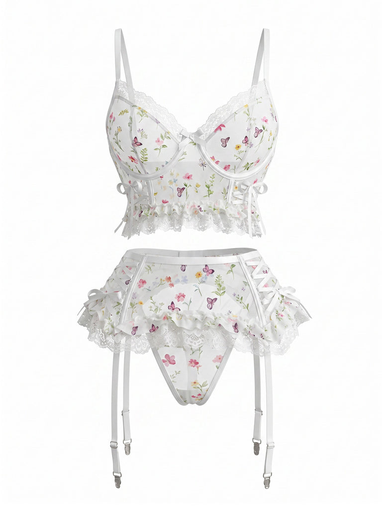 White 1950s Floral Lace Ruffle Two Piece Set 2
