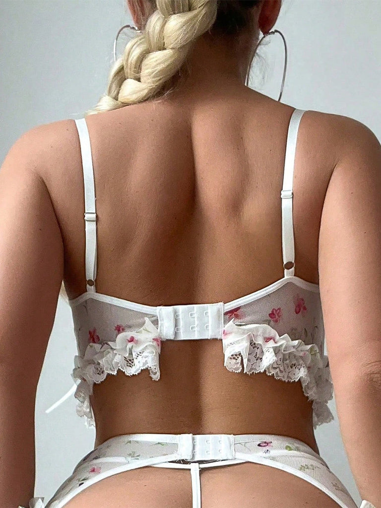 White 1950s Floral Lace Ruffle Two Piece Set 6