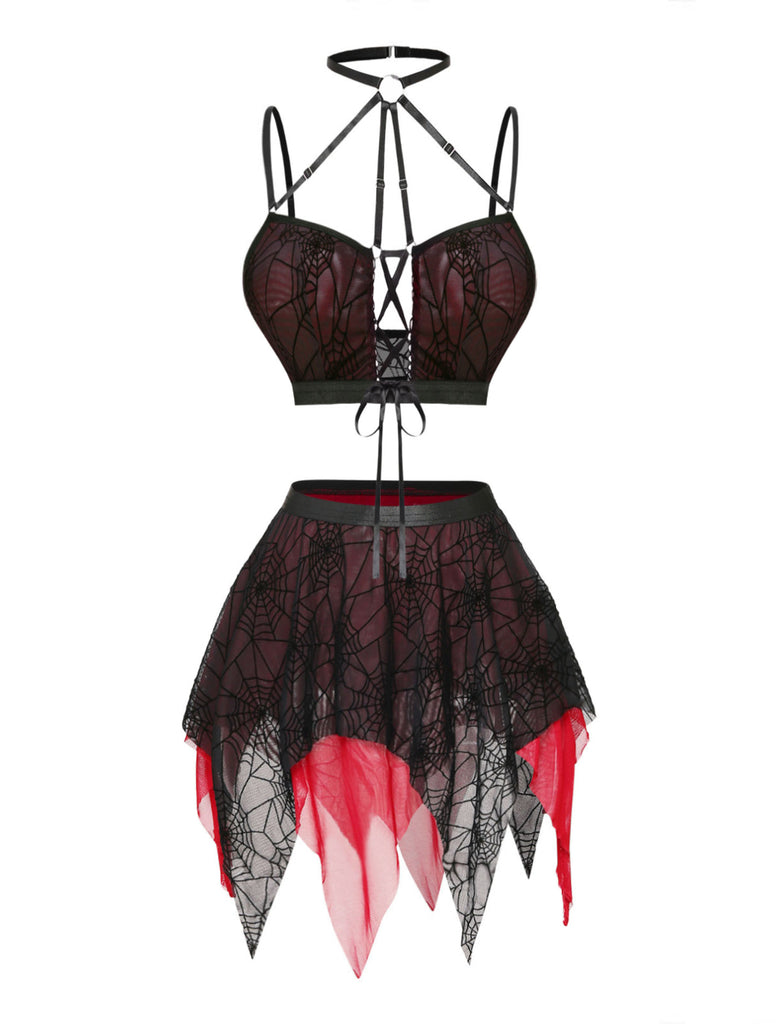 Red Black 1980s Mesh Nightgown 7