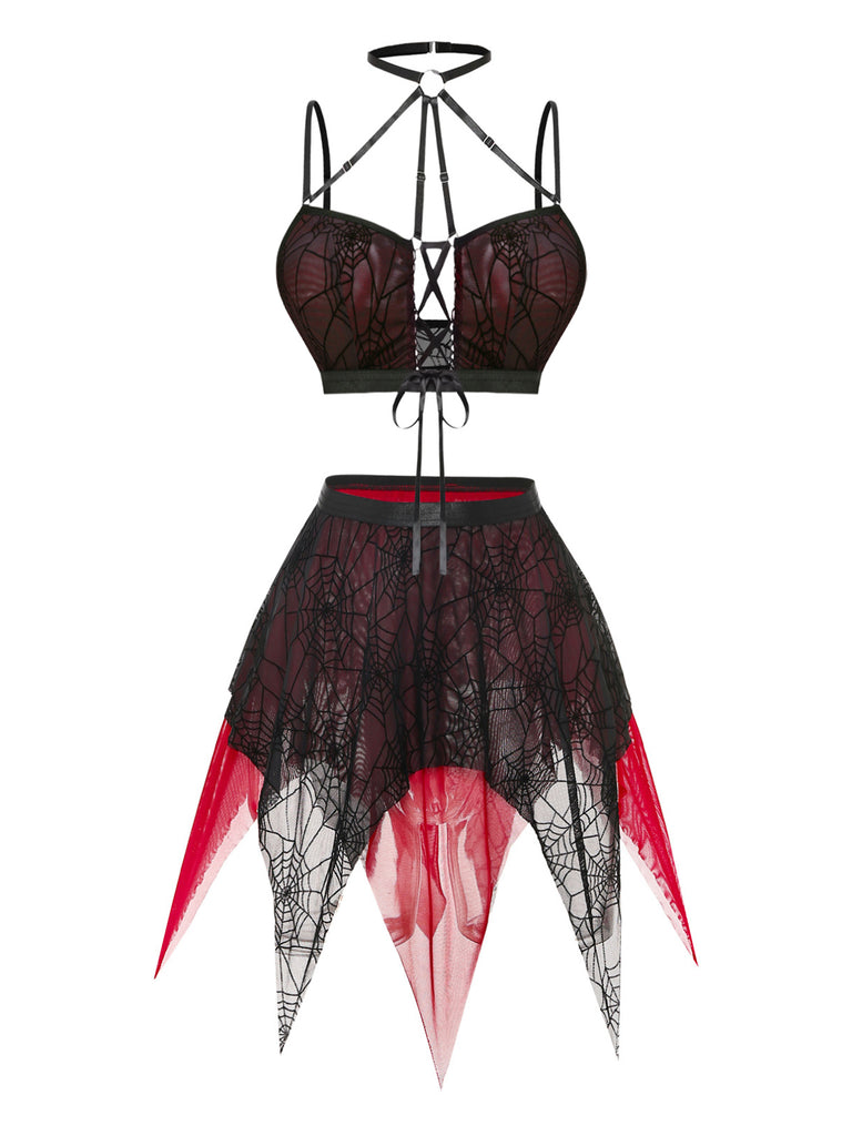 Red Black 1980s Mesh Nightgown 8