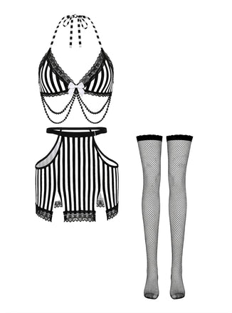 Black White 1980s Lace Striped Two Piece Set