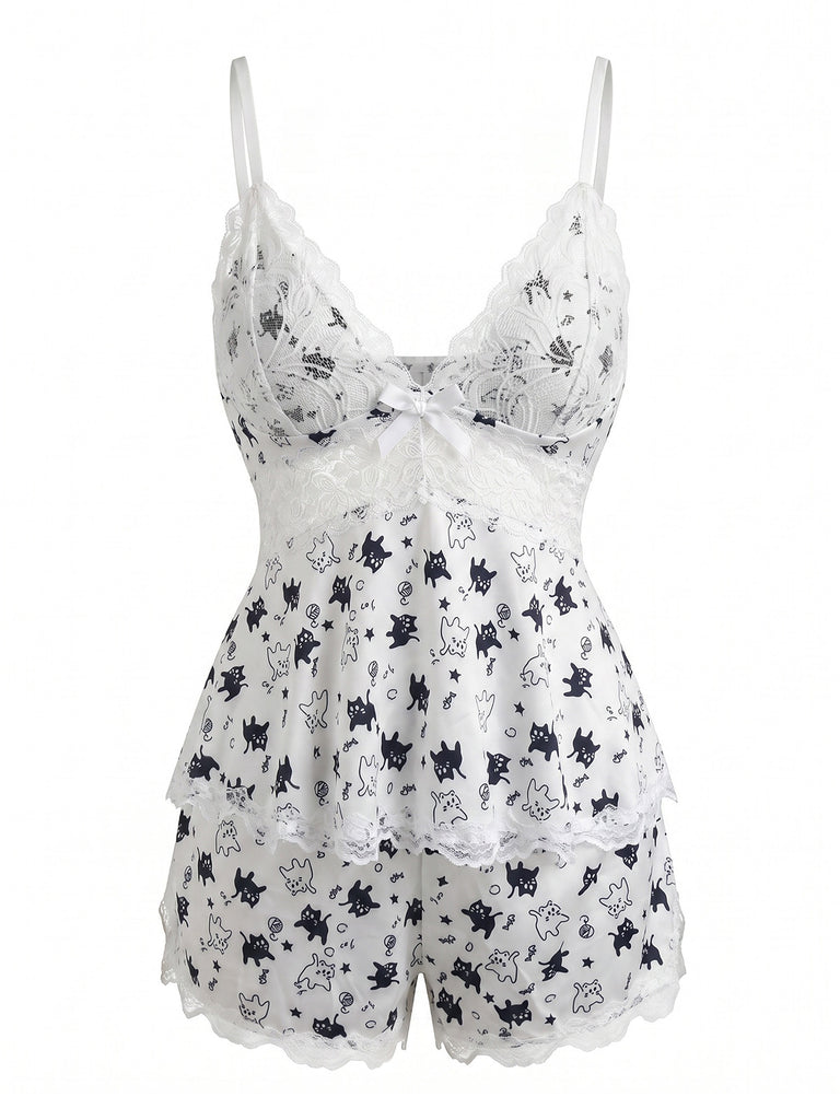White 1950s Floral Lace Bow Nightgown 7