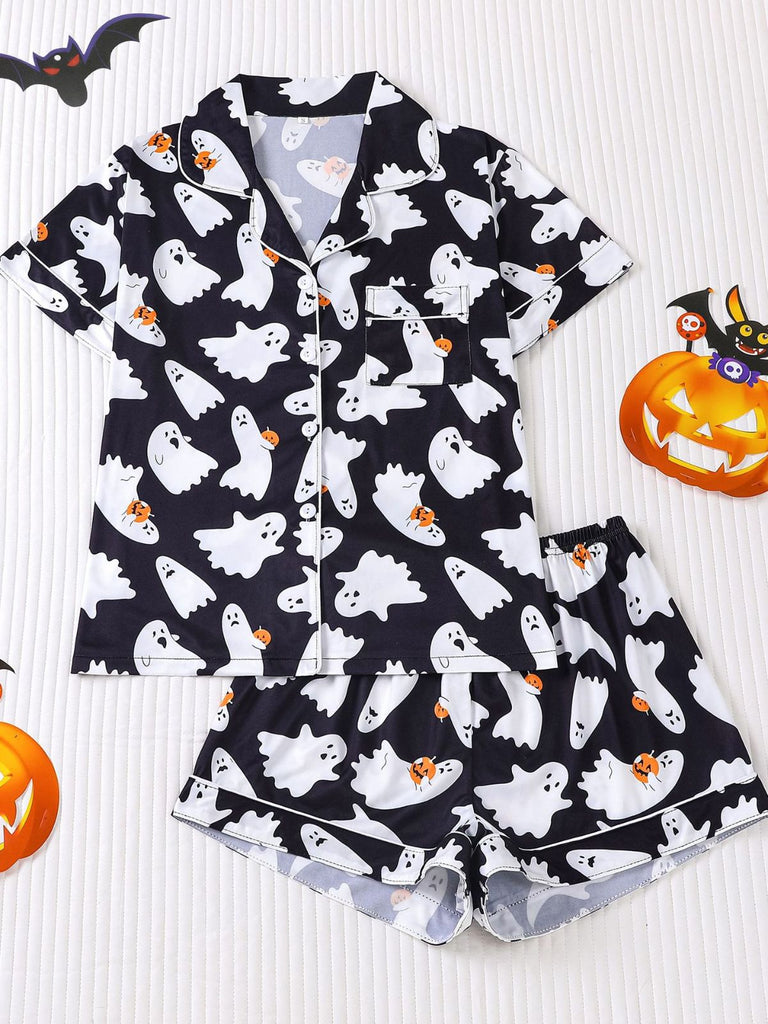 Black 1950s Halloween Ghost Print Shirt Shorts Pajamas