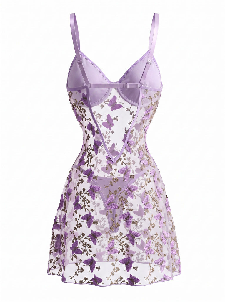 Lavender 1970s Mesh 3D Butterfly Embroidery Slip Nightgown