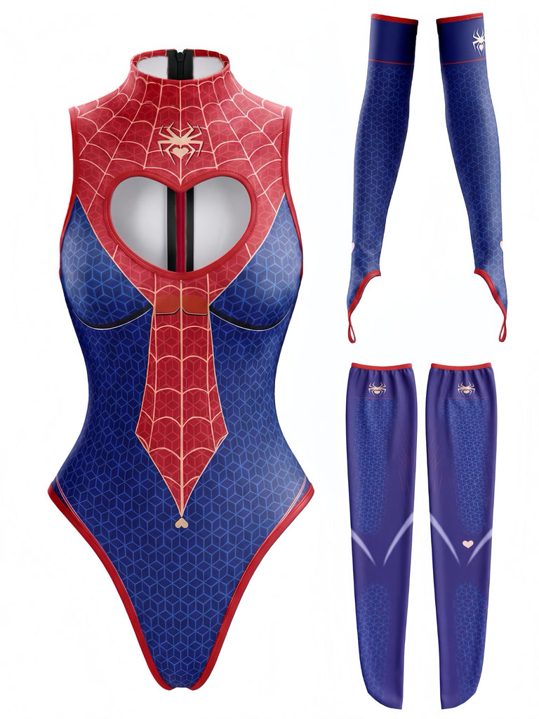 Red & Blue 1980s Spider Web One Piece Pajama with Sleeves
