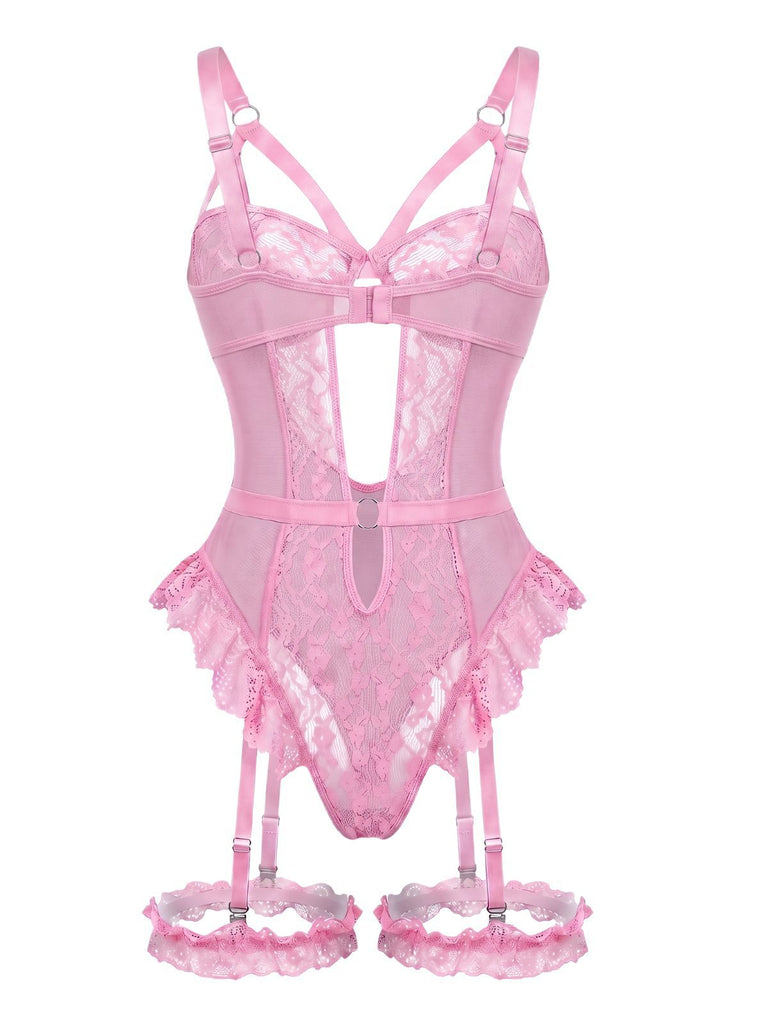 1950s Lace Cutout Garter Bodysuit Lingerie Set