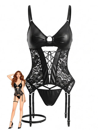 Black 1960s Faux Leather Lace Garter Lingerie Set