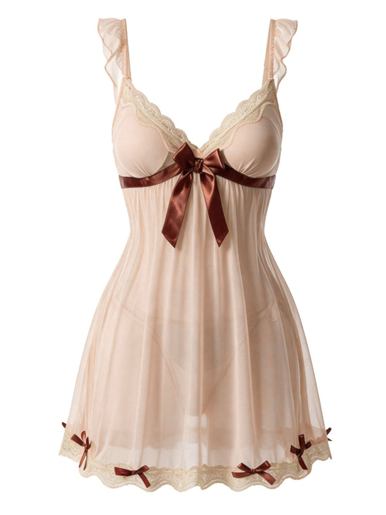 Sheer Mesh Bow Deep V Babydoll Nightgown 1