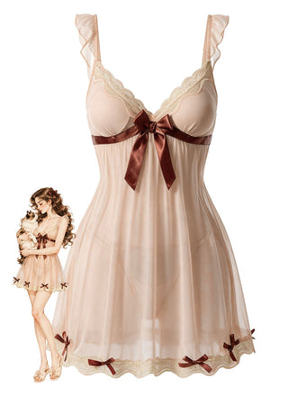 Sheer Mesh Bow Deep V Babydoll Nightgown 2