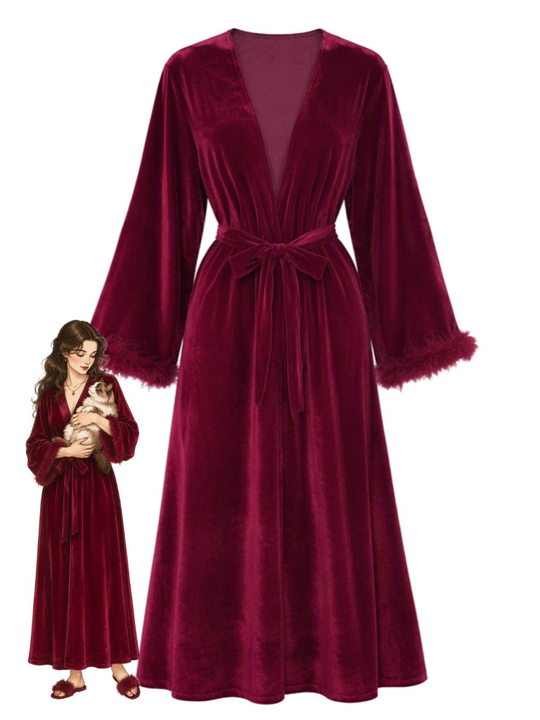 Red Velvet Belted Faux Fur Trim Robe 1