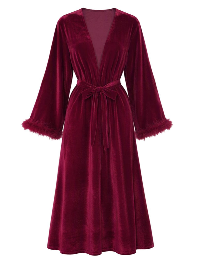 Red Velvet Belted Faux Fur Trim Robe 3