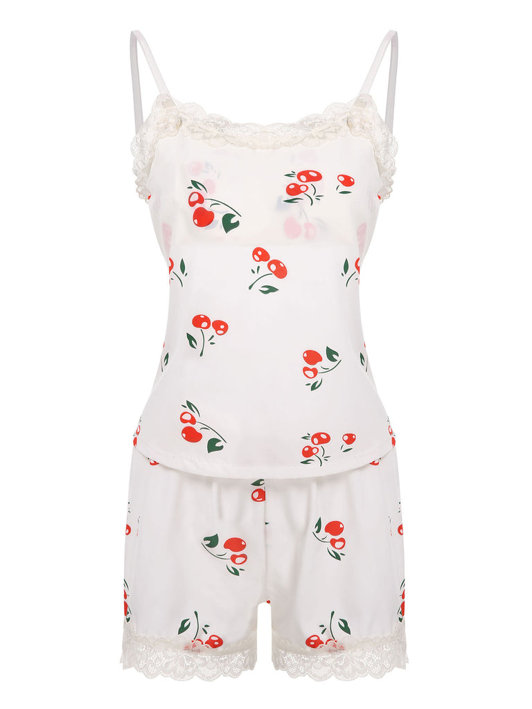 White Cherry Lace Strap Pajama Set
