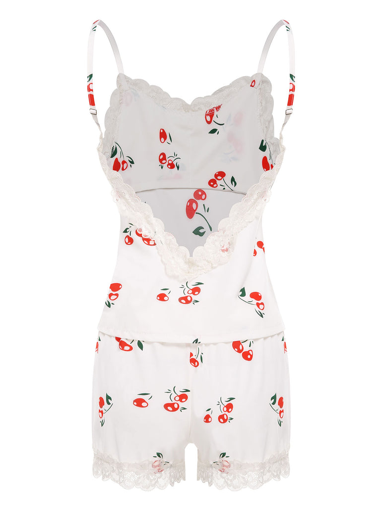 White Cherry Lace Strap Pajama Set