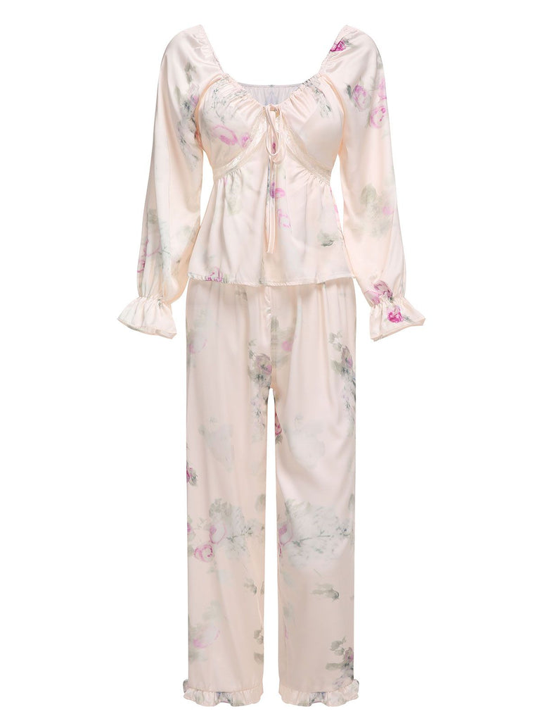 White 1950s V-Neck Ruffles Floral Lace Sleepwear