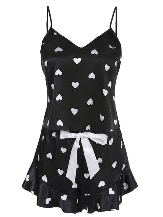 Black 1970s Spaghetti Straps Satin Heart Pajamas