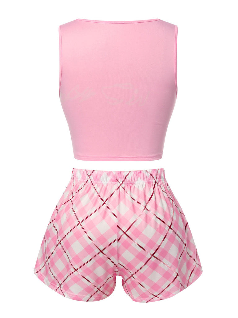 Pink 1970s Baby Girl Tank Top & Plaid Shorts Pajamas