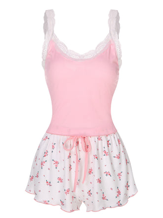 Pink 1950s Floral Lace Patchwork Sleepwear