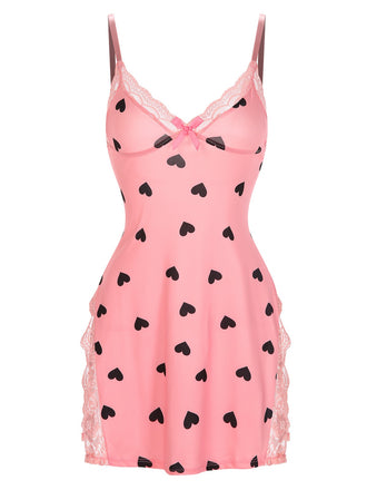 Pink 1950s Spaghetti Straps Lace Hearts Nightgown