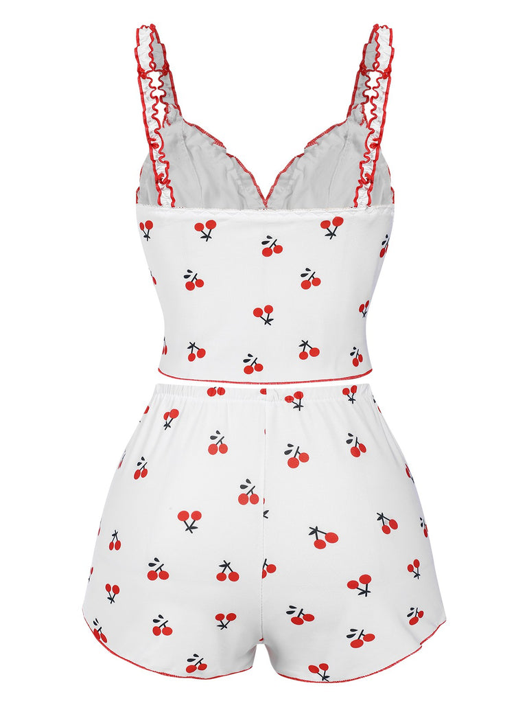 White 1950s Cherry Navel Straps Pajamas