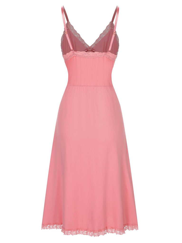 Pink 1970s Spaghetti Strap Solid Lace Nightgown