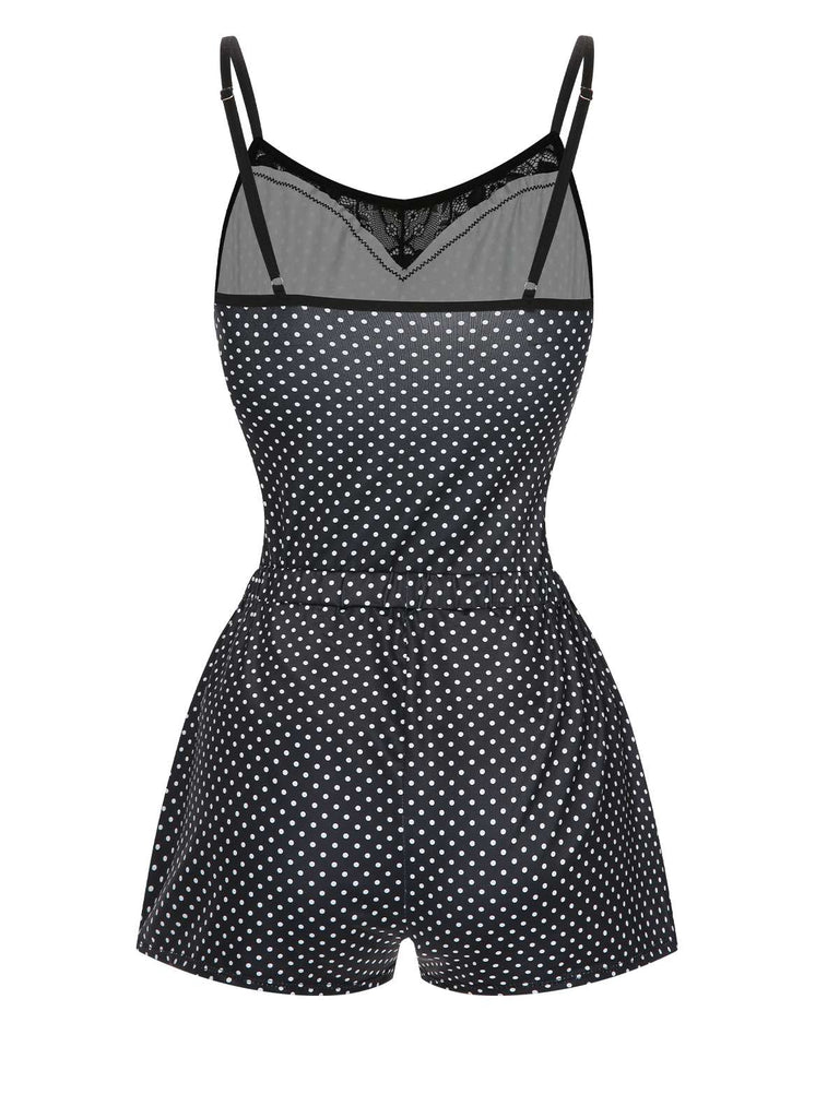 Black 1970s Polka Dots Lace Patchwork Pajamas