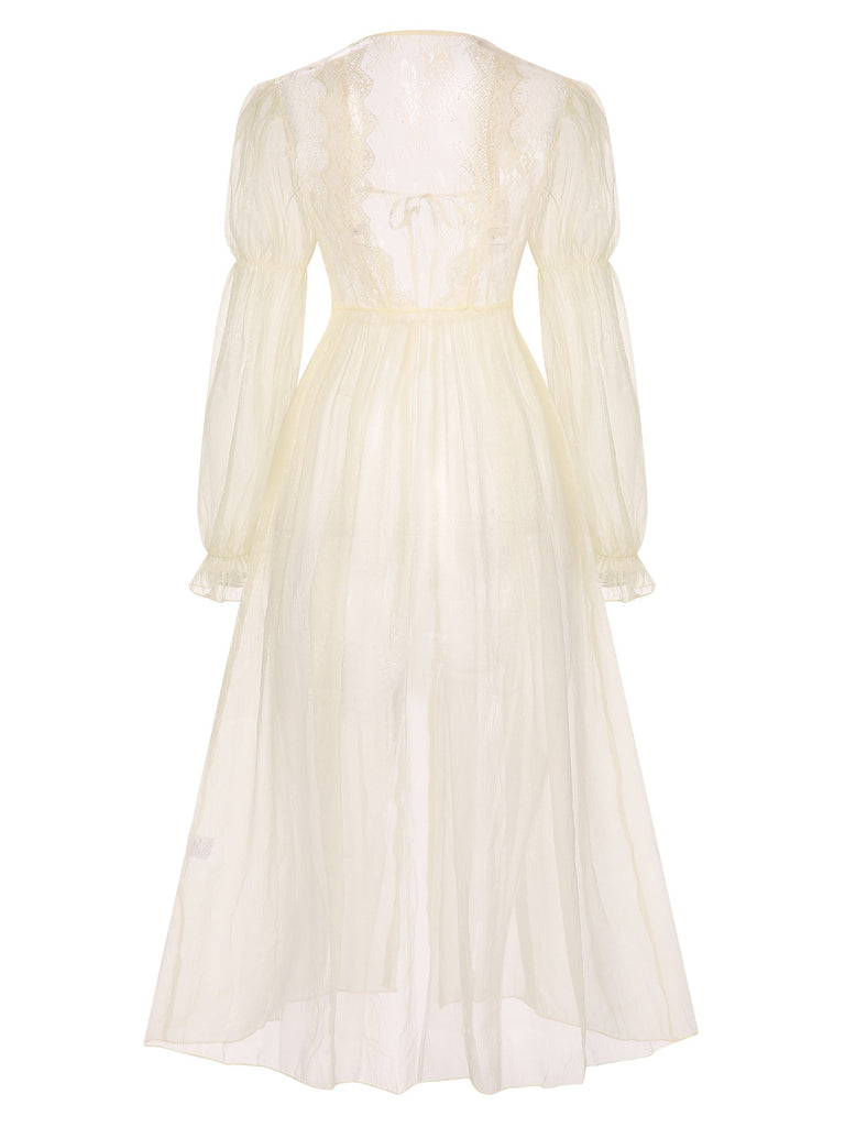 2PCS Apricot 1950s Floral Straps Slit Nightgown & Robe